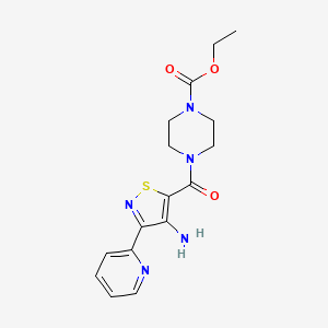 molecular formula C16H19N5O3S B2933719 Ethyl 4-[(4-amino-3-pyridin-2-ylisothiazol-5-yl)carbonyl]piperazine-1-carboxylate CAS No. 1251589-79-3