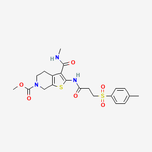 molecular formula C21H25N3O6S2 B2933729 methyl 3-(methylcarbamoyl)-2-(3-tosylpropanamido)-4,5-dihydrothieno[2,3-c]pyridine-6(7H)-carboxylate CAS No. 886959-77-9