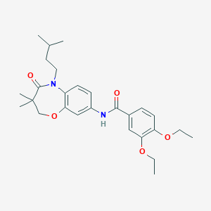 molecular formula C27H36N2O5 B2933736 3,4-二乙氧基-N-(5-异戊基-3,3-二甲基-4-氧代-2,3,4,5-四氢苯并[b][1,4]恶氮杂戊-8-基)苯甲酰胺 CAS No. 921585-69-5