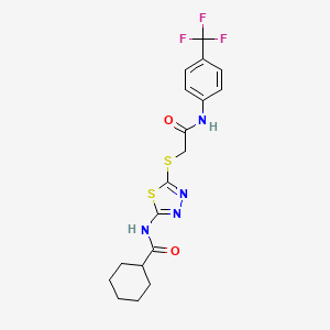 molecular formula C18H19F3N4O2S2 B2933769 N-(5-((2-氧代-2-((4-(三氟甲基)苯基)氨基)乙基)硫代)-1,3,4-噻二唑-2-基)环己烷甲酰胺 CAS No. 868972-89-8