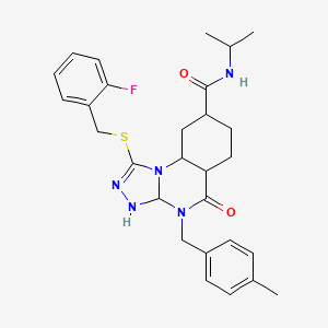 molecular formula C28H26FN5O2S B2933814 1-{[(2-fluorophenyl)methyl]sulfanyl}-4-[(4-methylphenyl)methyl]-5-oxo-N-(propan-2-yl)-4H,5H-[1,2,4]triazolo[4,3-a]quinazoline-8-carboxamide CAS No. 2034378-03-3