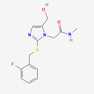 molecular formula C14H16FN3O2S B2933867 2-(2-((2-fluorobenzyl)thio)-5-(hydroxymethyl)-1H-imidazol-1-yl)-N-methylacetamide CAS No. 921793-89-7