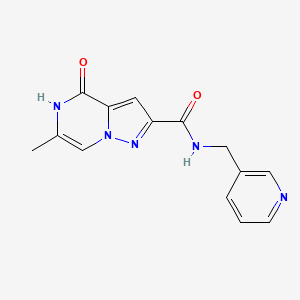 molecular formula C14H13N5O2 B2933937 6-methyl-4-oxo-N-(3-pyridylmethyl)-4,5-dihydropyrazolo[1,5-a]pyrazine-2-carboxamide CAS No. 1775542-41-0
