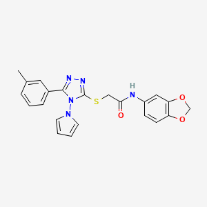 molecular formula C22H19N5O3S B2933941 2-((4-(1H-吡咯-1-基)-5-(间甲苯基)-4H-1,2,4-三唑-3-基)硫代)-N-(苯并[d][1,3]二氧杂环-5-基)乙酰胺 CAS No. 898371-93-2