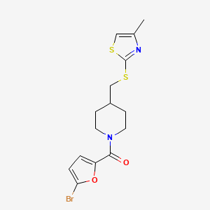 molecular formula C15H17BrN2O2S2 B2933953 (5-Bromofuran-2-yl)(4-(((4-methylthiazol-2-yl)thio)methyl)piperidin-1-yl)methanone CAS No. 1421515-87-8