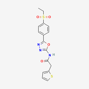 molecular formula C16H15N3O4S2 B2933985 N-(5-(4-(乙基磺酰基)苯基)-1,3,4-恶二唑-2-基)-2-(噻吩-2-基)乙酰胺 CAS No. 1170635-67-2