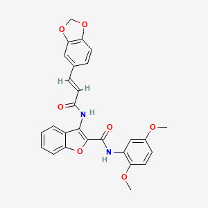 molecular formula C27H22N2O7 B2934103 (E)-3-(3-(苯并[d][1,3]二氧杂环-5-基)丙烯酰胺)-N-(2,5-二甲氧基苯基)苯并呋喃-2-甲酰胺 CAS No. 888467-05-8