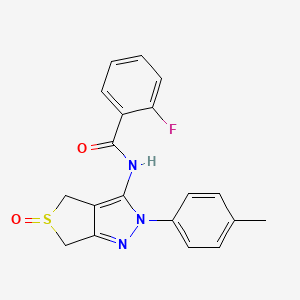 molecular formula C19H16FN3O2S B2934158 2-fluoro-N-(5-oxido-2-(p-tolyl)-4,6-dihydro-2H-thieno[3,4-c]pyrazol-3-yl)benzamide CAS No. 958702-94-8