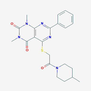 molecular formula C22H25N5O3S B2934170 1,3-dimethyl-5-((2-(4-methylpiperidin-1-yl)-2-oxoethyl)thio)-7-phenylpyrimido[4,5-d]pyrimidine-2,4(1H,3H)-dione CAS No. 906230-41-9