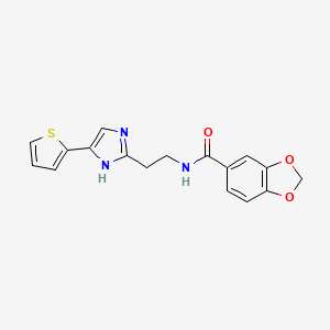 molecular formula C17H15N3O3S B2934171 N-(2-(4-(噻吩-2-基)-1H-咪唑-2-基)乙基)苯并[d][1,3]二氧杂环-5-甲酰胺 CAS No. 1396867-21-2