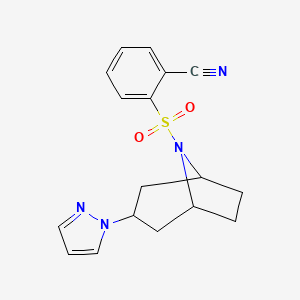 molecular formula C17H18N4O2S B2934307 2-(((1R,5S)-3-(1H-pyrazol-1-yl)-8-azabicyclo[3.2.1]octan-8-yl)sulfonyl)benzonitrile CAS No. 2310099-44-4