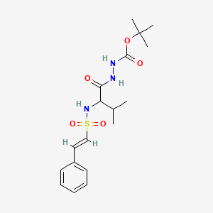molecular formula C18H27N3O5S B2934310 叔丁基 N-[[3-甲基-2-[[(E)-2-苯乙烯基]磺酰氨基]丁酰]氨基]氨基甲酸酯 CAS No. 1103524-58-8