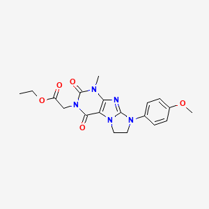 molecular formula C19H21N5O5 B2934347 Ethyl 2-[8-(4-methoxyphenyl)-1-methyl-2,4-dioxo-1,3,5-trihydroimidazolidino[1, 2-h]purin-3-yl]acetate CAS No. 313549-58-5