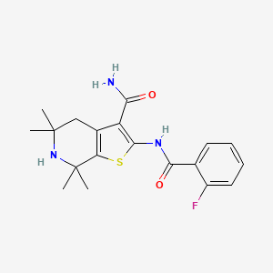 molecular formula C19H22FN3O2S B2934356 2-[(2-Fluorobenzoyl)amino]-5,5,7,7-tetramethyl-4,6-dihydrothieno[2,3-c]pyridine-3-carboxamide CAS No. 864860-13-9