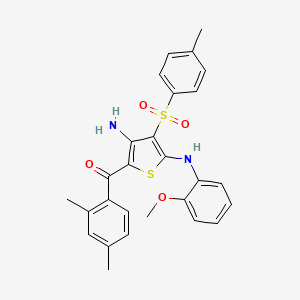 molecular formula C27H26N2O4S2 B2934453 (3-Amino-5-((2-methoxyphenyl)amino)-4-tosylthiophen-2-yl)(2,4-dimethylphenyl)methanone CAS No. 1115373-18-6