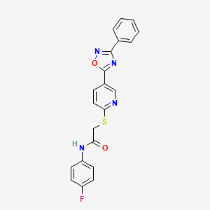 molecular formula C21H15FN4O2S B2934478 N-(4-fluorophenyl)-2-((5-(3-phenyl-1,2,4-oxadiazol-5-yl)pyridin-2-yl)thio)acetamide CAS No. 1251687-61-2