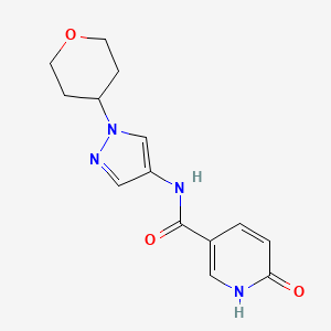 molecular formula C14H16N4O3 B2934537 6-oxo-N-(1-(tetrahydro-2H-pyran-4-yl)-1H-pyrazol-4-yl)-1,6-dihydropyridine-3-carboxamide CAS No. 1797865-96-3
