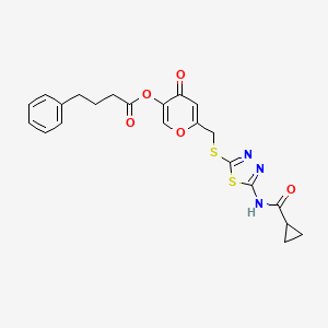 molecular formula C22H21N3O5S2 B2934618 6-(((5-(cyclopropanecarboxamido)-1,3,4-thiadiazol-2-yl)thio)methyl)-4-oxo-4H-pyran-3-yl 4-phenylbutanoate CAS No. 896009-69-1