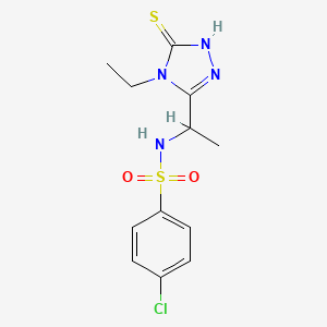 molecular formula C12H15ClN4O2S2 B2934703 4-chloro-N-[1-(4-ethyl-5-sulfanyl-4H-1,2,4-triazol-3-yl)ethyl]benzenesulfonamide CAS No. 338953-97-2
