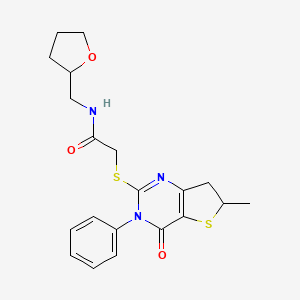 molecular formula C20H23N3O3S2 B2934713 2-((6-methyl-4-oxo-3-phenyl-3,4,6,7-tetrahydrothieno[3,2-d]pyrimidin-2-yl)thio)-N-((tetrahydrofuran-2-yl)methyl)acetamide CAS No. 905686-65-9
