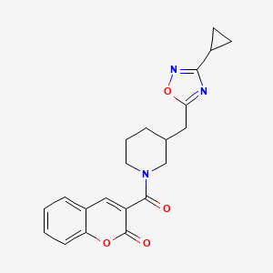 molecular formula C21H21N3O4 B2934734 3-(3-((3-cyclopropyl-1,2,4-oxadiazol-5-yl)methyl)piperidine-1-carbonyl)-2H-chromen-2-one CAS No. 1705895-94-8