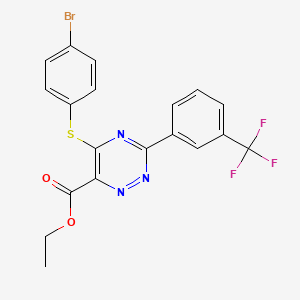 molecular formula C19H13BrF3N3O2S B2934764 Ethyl 5-[(4-bromophenyl)sulfanyl]-3-[3-(trifluoromethyl)phenyl]-1,2,4-triazine-6-carboxylate CAS No. 338957-36-1