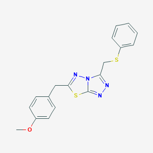 molecular formula C18H16N4OS2 B293488 6-(4-Methoxybenzyl)-3-[(phenylthio)methyl][1,2,4]triazolo[3,4-b][1,3,4]thiadiazole 