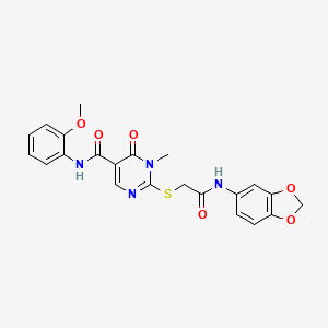 molecular formula C22H20N4O6S B2934948 2-((2-(benzo[d][1,3]dioxol-5-ylamino)-2-oxoethyl)thio)-N-(2-methoxyphenyl)-1-methyl-6-oxo-1,6-dihydropyrimidine-5-carboxamide CAS No. 894037-37-7
