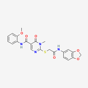 molecular formula C22H20N4O6S B2934948 2-((2-(苯并[d][1,3]二氧杂-5-基氨基)-2-氧代乙基)硫代)-N-(2-甲氧基苯基)-1-甲基-6-氧代-1,6-二氢嘧啶-5-甲酰胺 CAS No. 894037-37-7