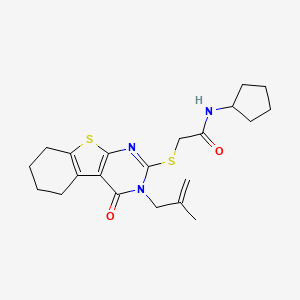 molecular formula C21H27N3O2S2 B2935071 N-cyclopentyl-2-[[3-(2-methylprop-2-enyl)-4-oxo-5,6,7,8-tetrahydro-[1]benzothiolo[2,3-d]pyrimidin-2-yl]sulfanyl]acetamide CAS No. 878697-79-1