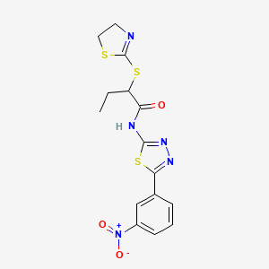 molecular formula C15H15N5O3S3 B2935180 2-(4,5-dihydro-1,3-thiazol-2-ylsulfanyl)-N-[5-(3-nitrophenyl)-1,3,4-thiadiazol-2-yl]butanamide CAS No. 394239-30-6
