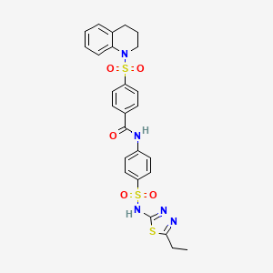 molecular formula C26H25N5O5S3 B2935211 4-((3,4-dihydroquinolin-1(2H)-yl)sulfonyl)-N-(4-(N-(5-ethyl-1,3,4-thiadiazol-2-yl)sulfamoyl)phenyl)benzamide CAS No. 380638-30-2