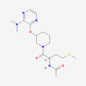 molecular formula C18H29N5O3S B2935267 N-(1-(3-((3-(dimethylamino)pyrazin-2-yl)oxy)piperidin-1-yl)-4-(methylthio)-1-oxobutan-2-yl)acetamide CAS No. 2034204-58-3