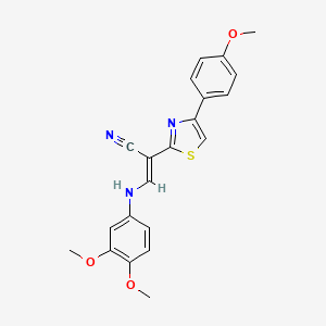 molecular formula C21H19N3O3S B2935361 (E)-3-((3,4-dimethoxyphenyl)amino)-2-(4-(4-methoxyphenyl)thiazol-2-yl)acrylonitrile CAS No. 378202-46-1