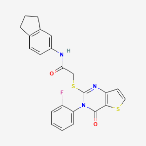 molecular formula C23H18FN3O2S2 B2935395 N-(2,3-二氢-1H-茚-5-基)-2-{[3-(2-氟苯基)-4-氧代-3,4-二氢噻吩并[3,2-d]嘧啶-2-基]硫代}乙酰胺 CAS No. 1260923-52-1