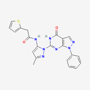 molecular formula C21H17N7O2S B2935438 N-(3-methyl-1-(4-oxo-1-phenyl-4,5-dihydro-1H-pyrazolo[3,4-d]pyrimidin-6-yl)-1H-pyrazol-5-yl)-2-(thiophen-2-yl)acetamide CAS No. 1019098-11-3