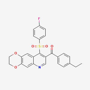 molecular formula C26H20FNO5S B2935553 (4-Ethylphenyl)-[9-(4-fluorophenyl)sulfonyl-2,3-dihydro-[1,4]dioxino[2,3-g]quinolin-8-yl]methanone CAS No. 872199-35-4