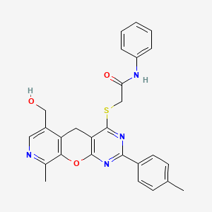 molecular formula C27H24N4O3S B2935568 2-{[6-(hydroxymethyl)-9-methyl-2-(4-methylphenyl)-5H-pyrido[4',3':5,6]pyrano[2,3-d]pyrimidin-4-yl]thio}-N-phenylacetamide CAS No. 892384-46-2