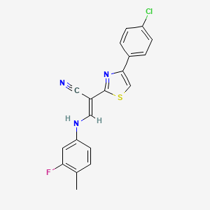 molecular formula C19H13ClFN3S B2935642 (E)-2-(4-(4-chlorophenyl)thiazol-2-yl)-3-((3-fluoro-4-methylphenyl)amino)acrylonitrile CAS No. 1321893-52-0