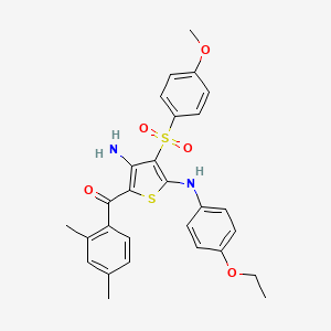 molecular formula C28H28N2O5S2 B2935698 (3-Amino-5-((4-ethoxyphenyl)amino)-4-((4-methoxyphenyl)sulfonyl)thiophen-2-yl)(2,4-dimethylphenyl)methanone CAS No. 947169-34-8