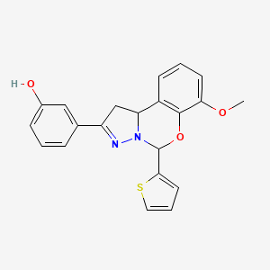 molecular formula C21H18N2O3S B2935811 3-(7-methoxy-5-(thiophen-2-yl)-5,10b-dihydro-1H-benzo[e]pyrazolo[1,5-c][1,3]oxazin-2-yl)phenol CAS No. 941941-99-7