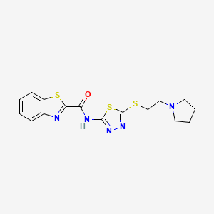 molecular formula C16H17N5OS3 B2935816 N-(5-((2-(pyrrolidin-1-yl)ethyl)thio)-1,3,4-thiadiazol-2-yl)benzo[d]thiazole-2-carboxamide CAS No. 1351643-31-6