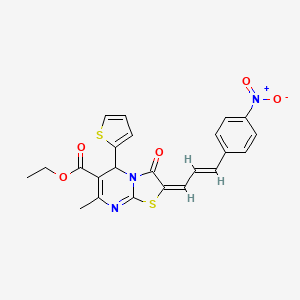 molecular formula C23H19N3O5S2 B2935851 (E)-ethyl 7-methyl-2-((E)-3-(4-nitrophenyl)allylidene)-3-oxo-5-(thiophen-2-yl)-3,5-dihydro-2H-thiazolo[3,2-a]pyrimidine-6-carboxylate CAS No. 627039-18-3