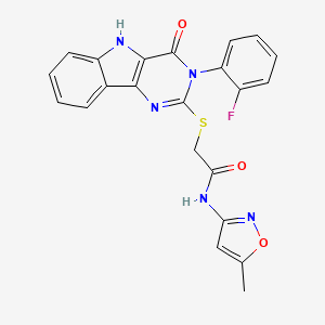 molecular formula C22H16FN5O3S B2935867 2-[[3-(2-fluorophenyl)-4-oxo-5H-pyrimido[5,4-b]indol-2-yl]sulfanyl]-N-(5-methyl-1,2-oxazol-3-yl)acetamide CAS No. 887215-09-0