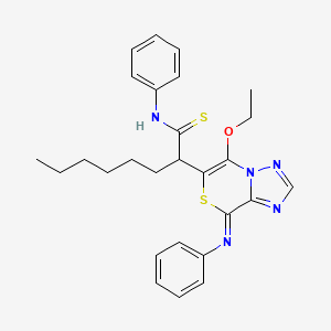 molecular formula C27H31N5OS2 B2935914 2-(5-ethoxy-8-phenylimino-[1,2,4]triazolo[5,1-c][1,4]thiazin-6-yl)-N-phenyloctanethioamide CAS No. 216169-17-4