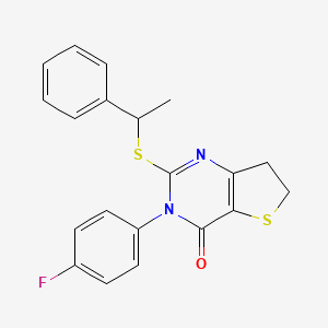 molecular formula C20H17FN2OS2 B2935917 3-(4-fluorophenyl)-2-((1-phenylethyl)thio)-6,7-dihydrothieno[3,2-d]pyrimidin-4(3H)-one CAS No. 687562-14-7