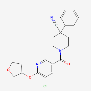 molecular formula C22H22ClN3O3 B2935987 1-(5-Chloro-6-((tetrahydrofuran-3-yl)oxy)nicotinoyl)-4-phenylpiperidine-4-carbonitrile CAS No. 1903278-38-5