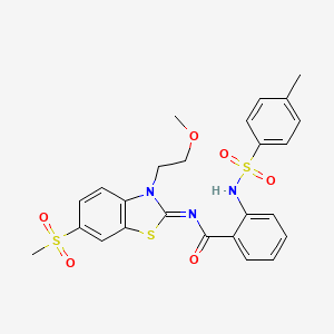 molecular formula C25H25N3O6S3 B2936038 N-[3-(2-methoxyethyl)-6-methylsulfonyl-1,3-benzothiazol-2-ylidene]-2-[(4-methylphenyl)sulfonylamino]benzamide CAS No. 864977-37-7