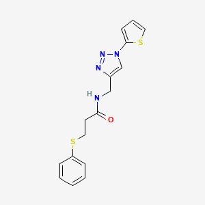 molecular formula C16H16N4OS2 B2936052 3-(phenylsulfanyl)-N-{[1-(thiophen-2-yl)-1H-1,2,3-triazol-4-yl]methyl}propanamide CAS No. 2097889-74-0