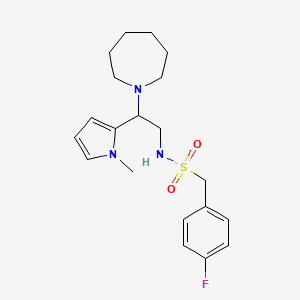 molecular formula C20H28FN3O2S B2936066 N-(2-(氮杂环己-1-基)-2-(1-甲基-1H-吡咯-2-基)乙基)-1-(4-氟苯基)甲磺酰胺 CAS No. 1049372-52-2